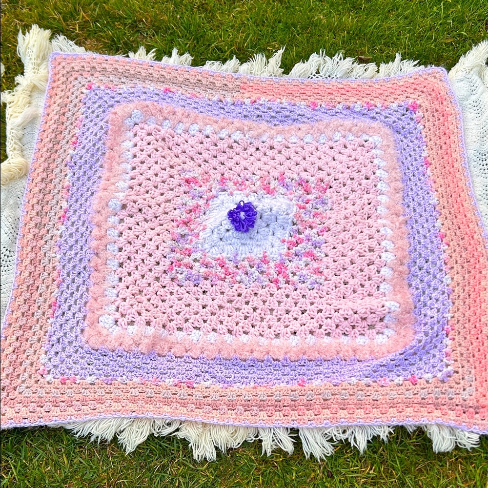 OOAK Reversible Afghan Hand Crocheted Shades of Pink White Lilac Baby Lap Throw